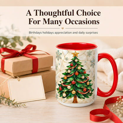 #pl[15oz|Red] Mosaic Christmas Tree Coffee Mug, Snowflake Holiday Mug, Ceramic Cup