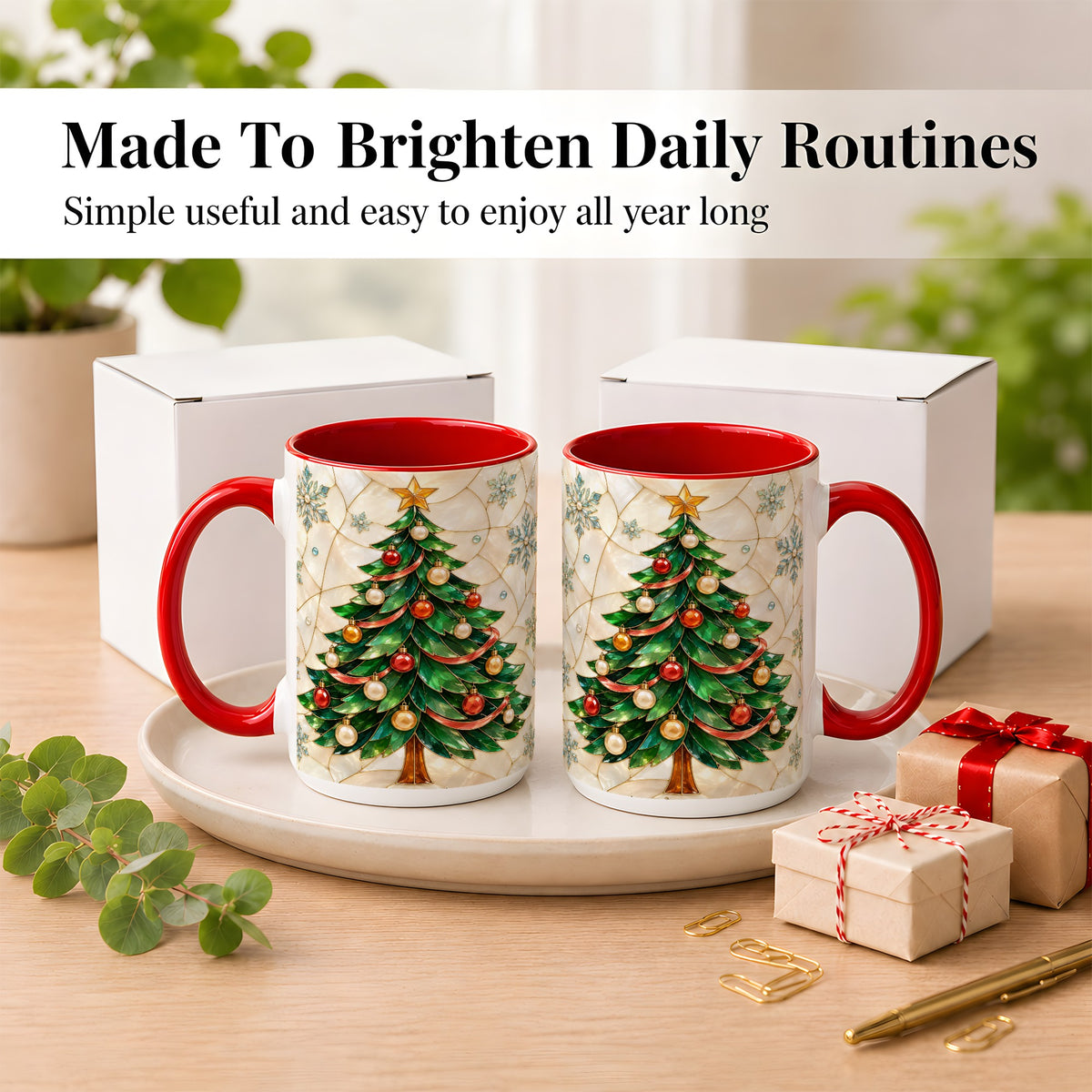 #pl[15oz|Red] Mosaic Christmas Tree Coffee Mug, Snowflake Holiday Mug, Ceramic Cup