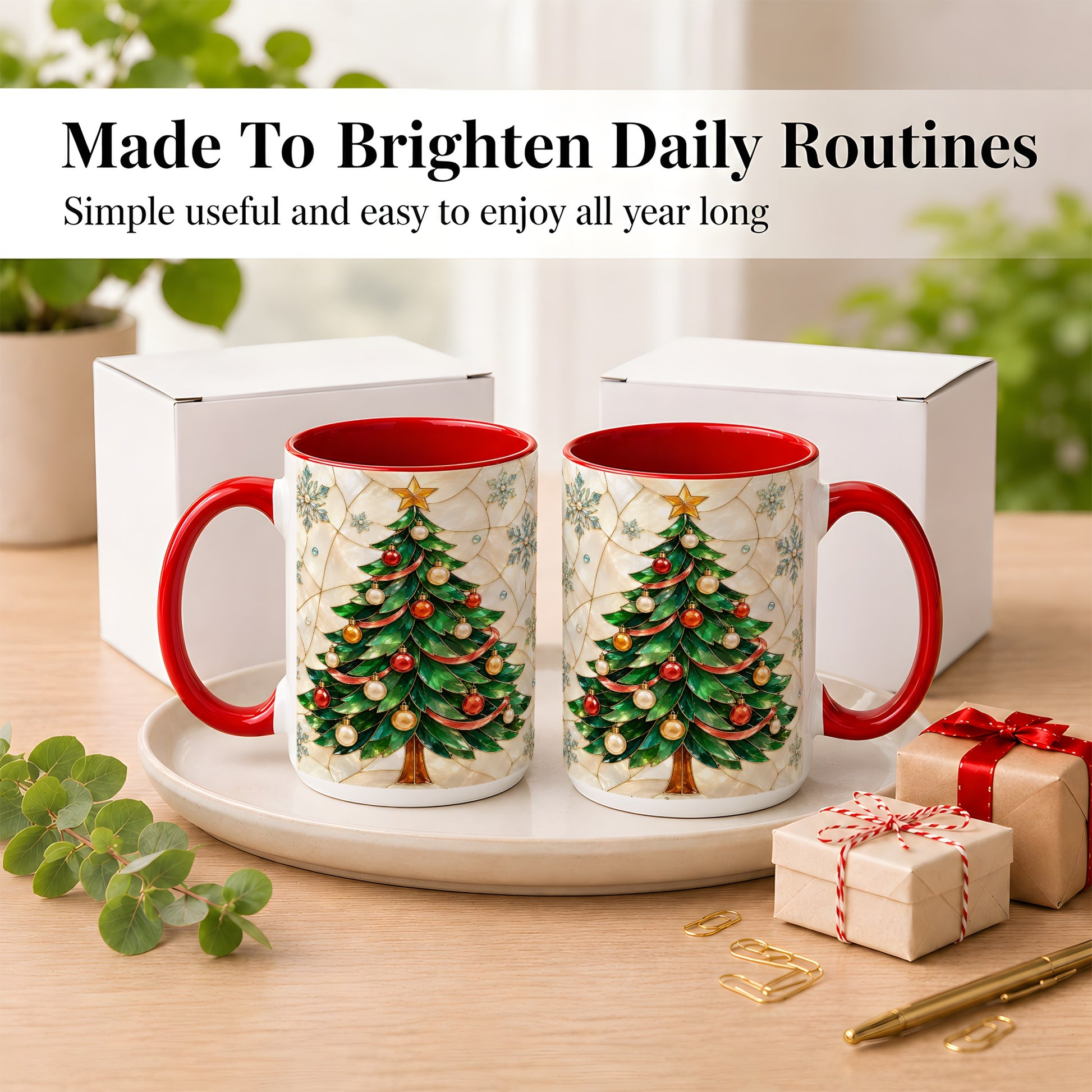 #pl[15oz|Red] Mosaic Christmas Tree Coffee Mug, Snowflake Holiday Mug, Ceramic Cup