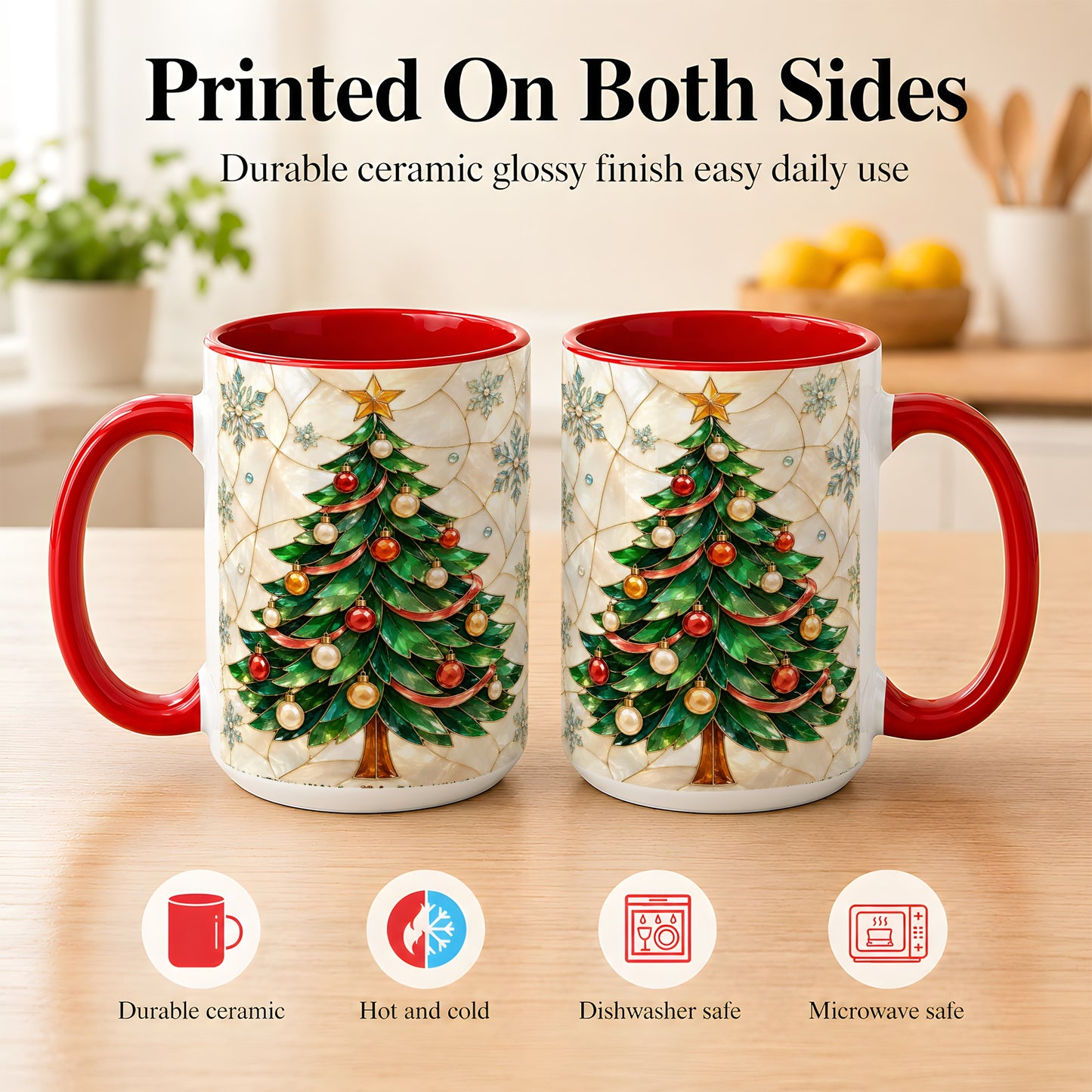 #pl[15oz|Red] Mosaic Christmas Tree Coffee Mug, Snowflake Holiday Mug, Ceramic Cup