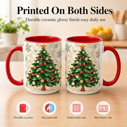 #pl[15oz|Red] Mosaic Christmas Tree Coffee Mug, Snowflake Holiday Mug, Ceramic Cup