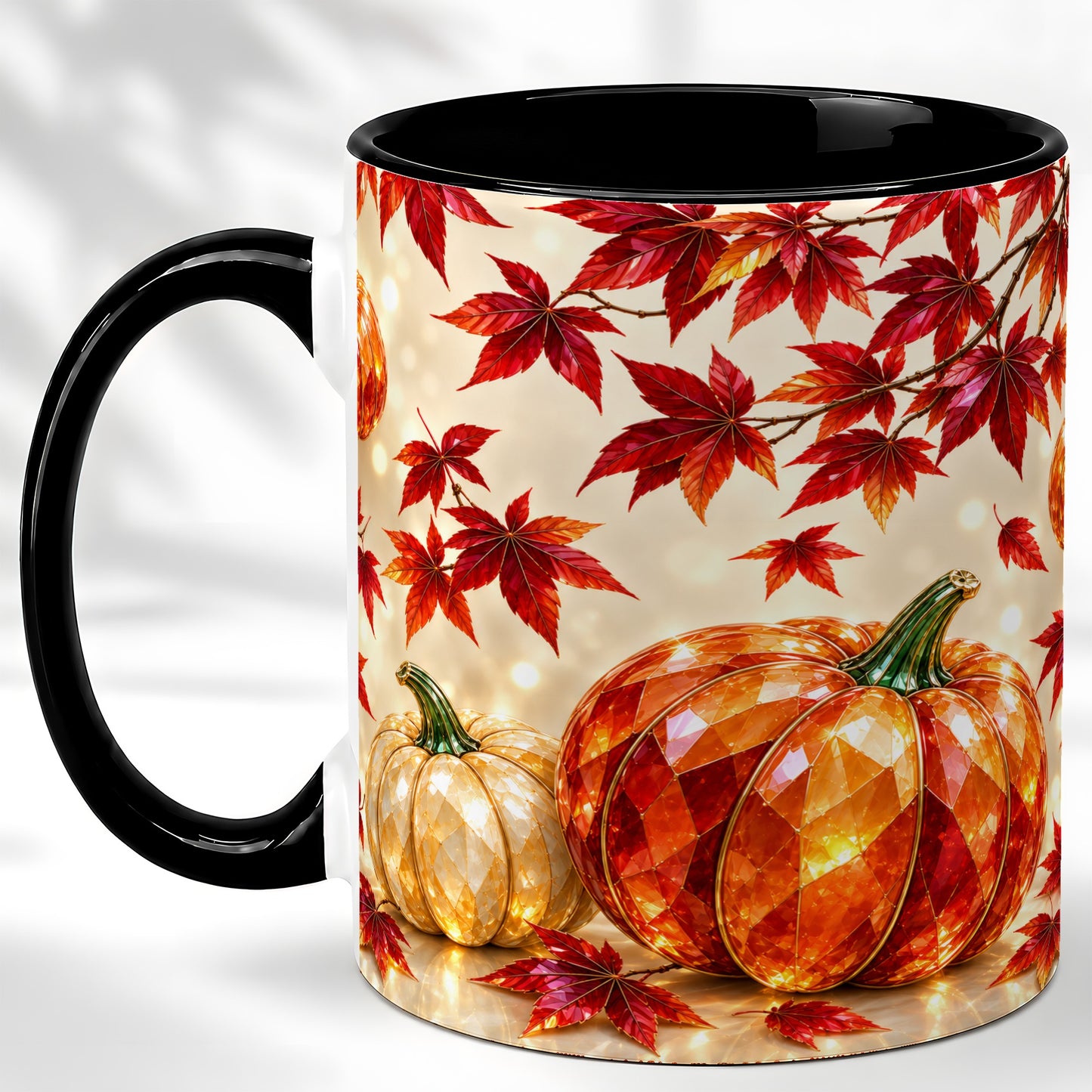 #pl[11oz|Black] Jeweled Autumn Pumpkin Coffee Mug, Maple Leaf Mug, Ceramic Cup