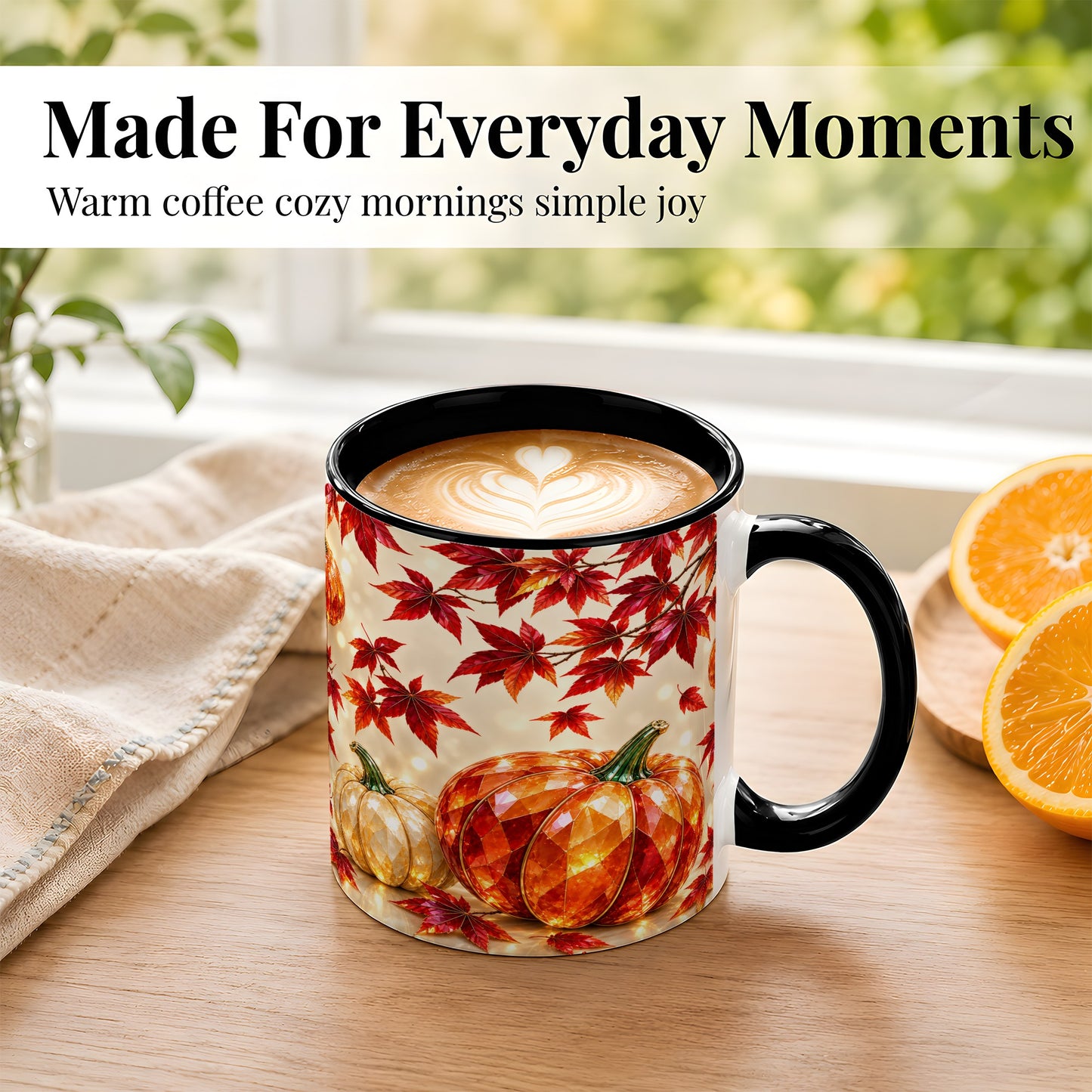 #pl[11oz|Black] Jeweled Autumn Pumpkin Coffee Mug, Maple Leaf Mug, Ceramic Cup