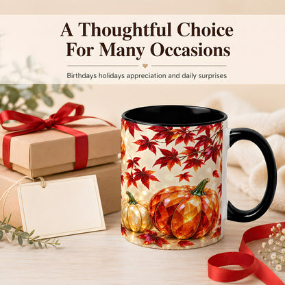 #pl[11oz|Black] Jeweled Autumn Pumpkin Coffee Mug, Maple Leaf Mug, Ceramic Cup