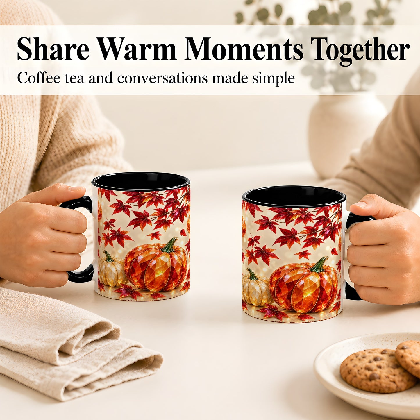 #pl[11oz|Black] Jeweled Autumn Pumpkin Coffee Mug, Maple Leaf Mug, Ceramic Cup