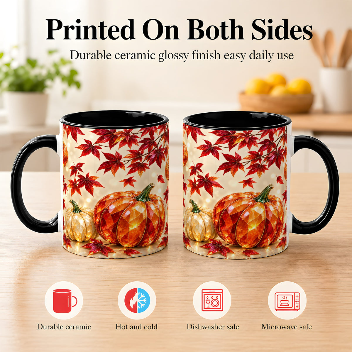 #pl[11oz|Black] Jeweled Autumn Pumpkin Coffee Mug, Maple Leaf Mug, Ceramic Cup