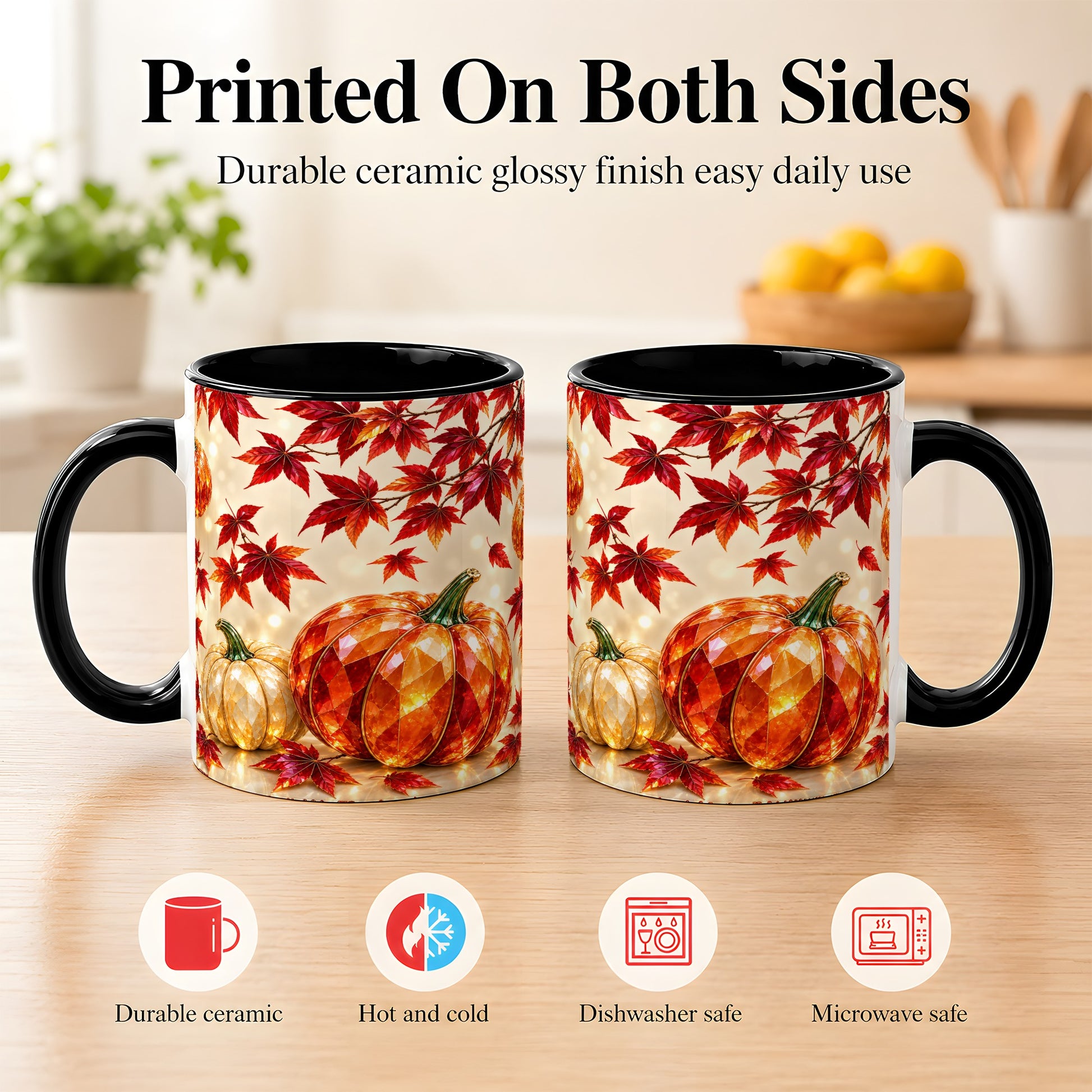 #pl[11oz|Black] Jeweled Autumn Pumpkin Coffee Mug, Maple Leaf Mug, Ceramic Cup