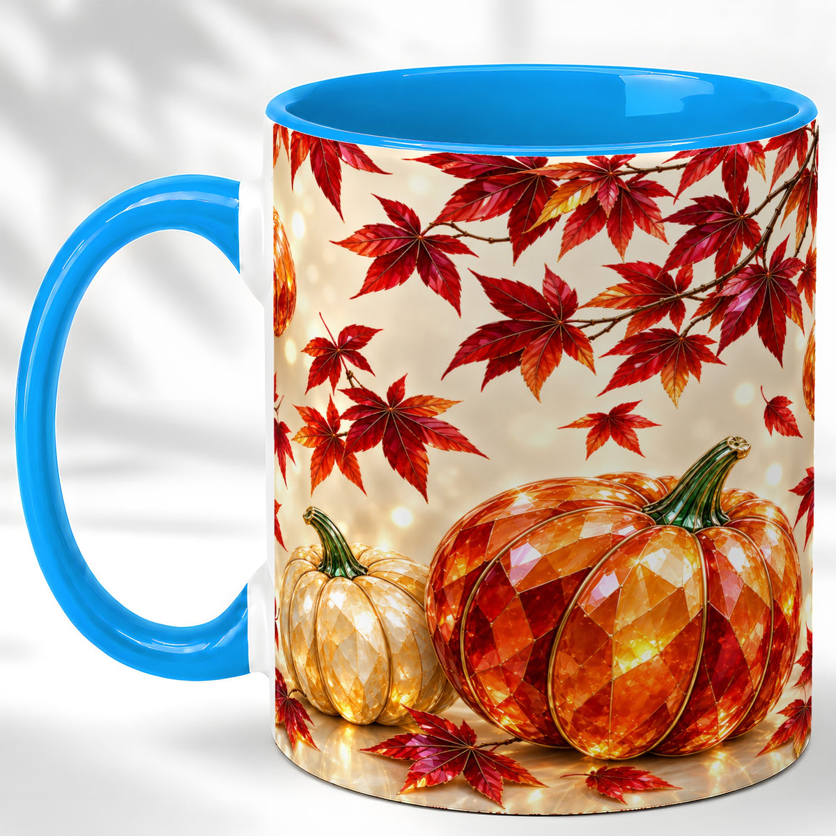 #pl[11oz|Blue] Jeweled Autumn Pumpkin Coffee Mug, Maple Leaf Mug, Ceramic Cup