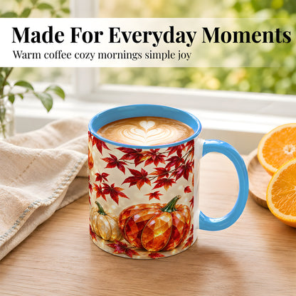 #pl[11oz|Blue] Jeweled Autumn Pumpkin Coffee Mug, Maple Leaf Mug, Ceramic Cup