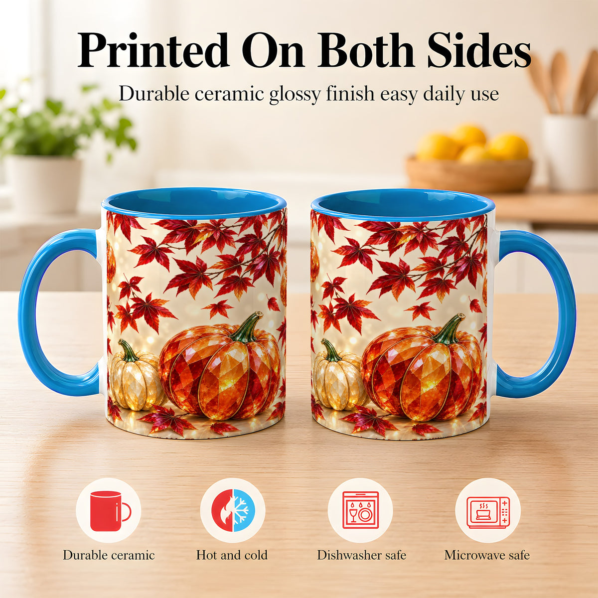 #pl[11oz|Blue] Jeweled Autumn Pumpkin Coffee Mug, Maple Leaf Mug, Ceramic Cup