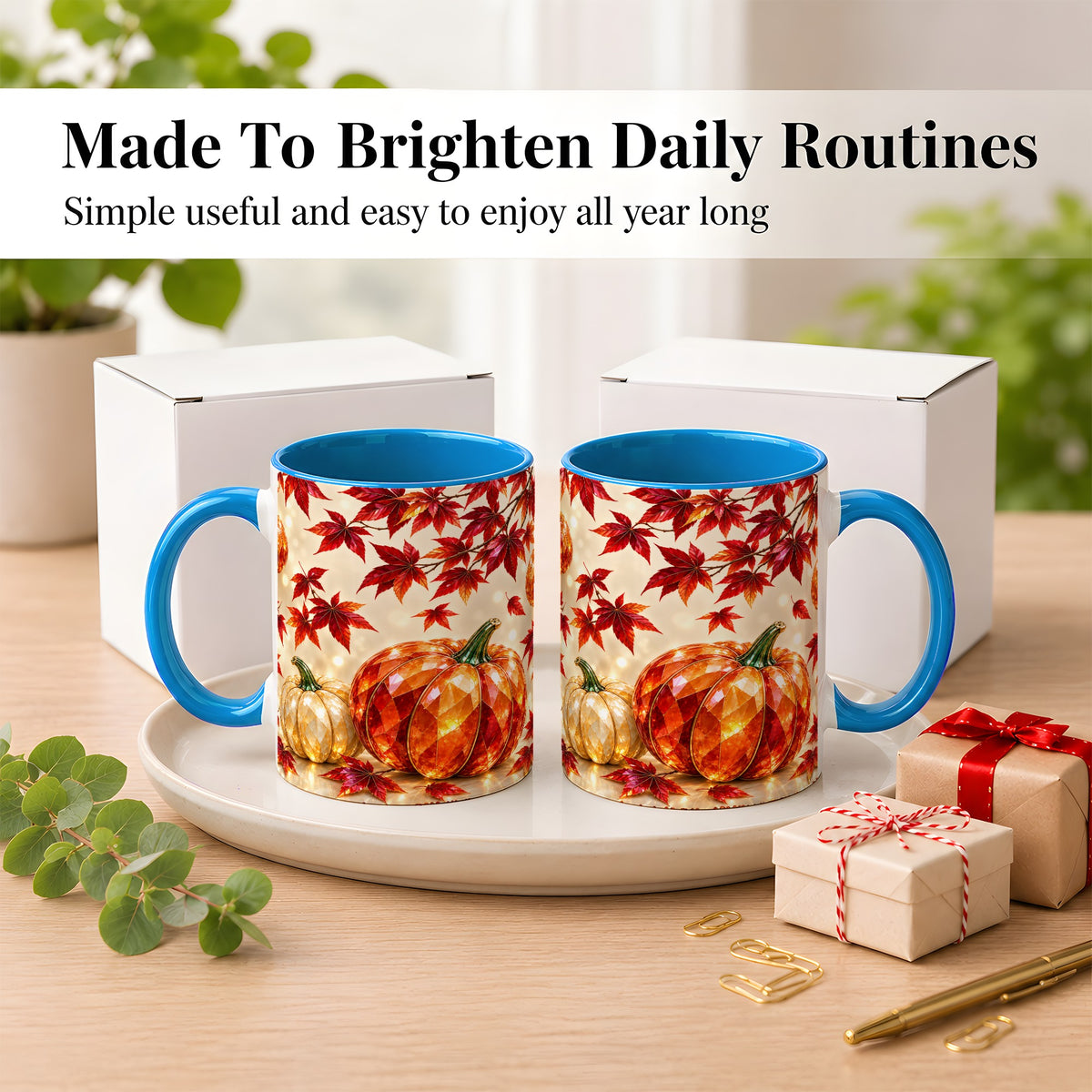 #pl[11oz|Blue] Jeweled Autumn Pumpkin Coffee Mug, Maple Leaf Mug, Ceramic Cup