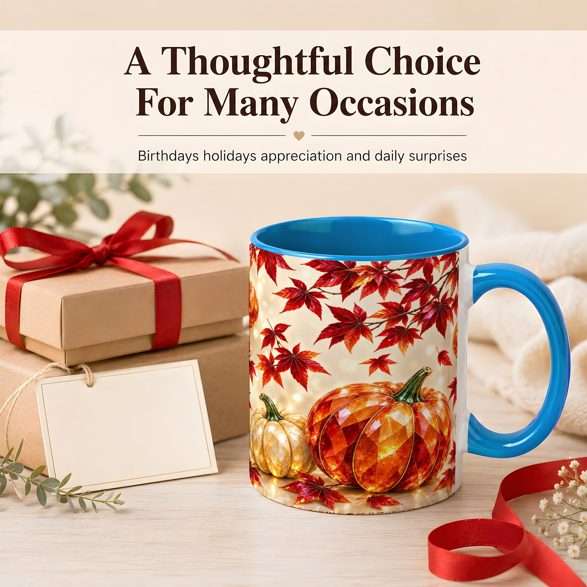 #pl[11oz|Blue] Jeweled Autumn Pumpkin Coffee Mug, Maple Leaf Mug, Ceramic Cup