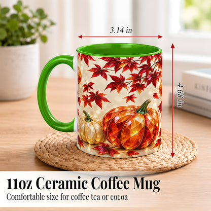 #pl[11oz|Green] Jeweled Autumn Pumpkin Coffee Mug, Maple Leaf Mug, Ceramic Cup