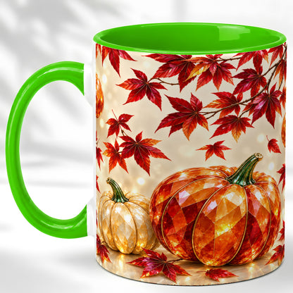 #pl[11oz|Green] Jeweled Autumn Pumpkin Coffee Mug, Maple Leaf Mug, Ceramic Cup
