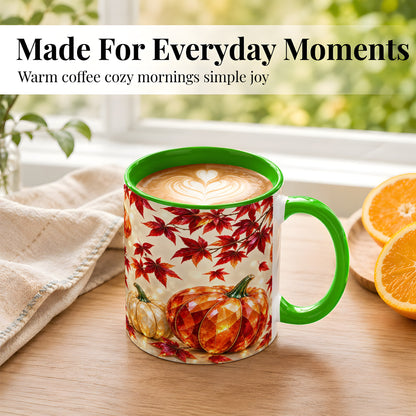 #pl[11oz|Green] Jeweled Autumn Pumpkin Coffee Mug, Maple Leaf Mug, Ceramic Cup