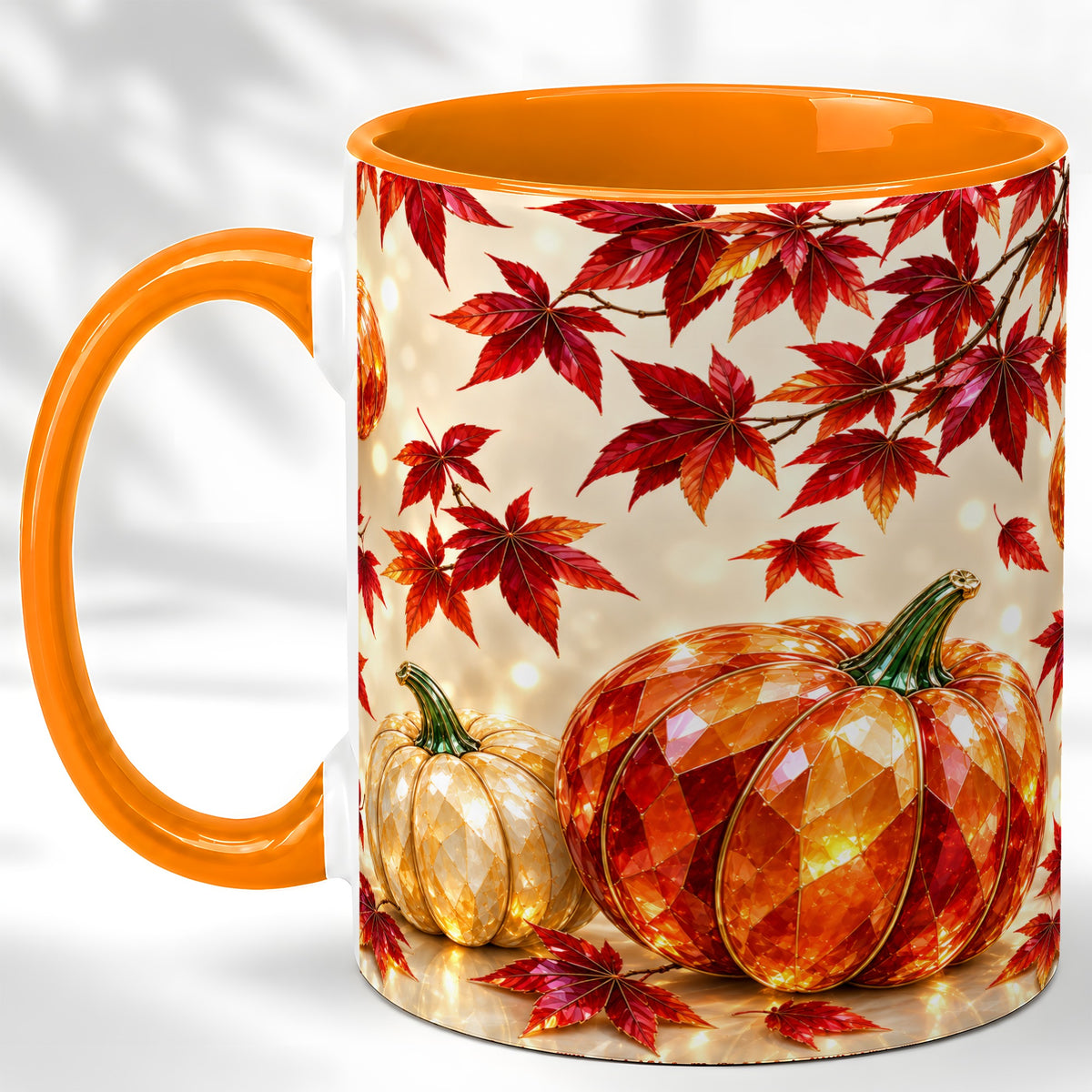 #pl[11oz|Orange] Jeweled Autumn Pumpkin Coffee Mug, Maple Leaf Mug, Ceramic Cup