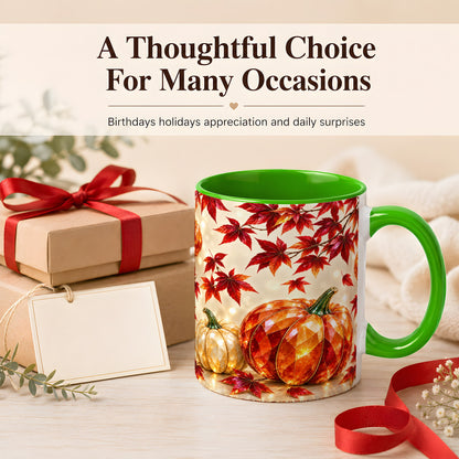 #pl[11oz|Green] Jeweled Autumn Pumpkin Coffee Mug, Maple Leaf Mug, Ceramic Cup