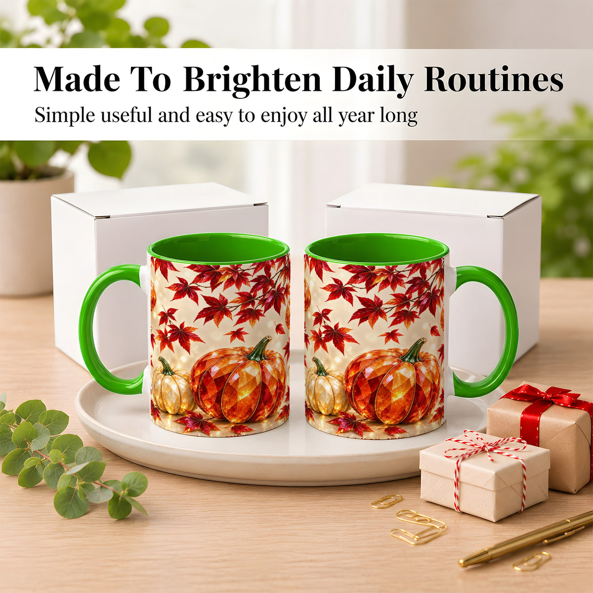 #pl[11oz|Green] Jeweled Autumn Pumpkin Coffee Mug, Maple Leaf Mug, Ceramic Cup