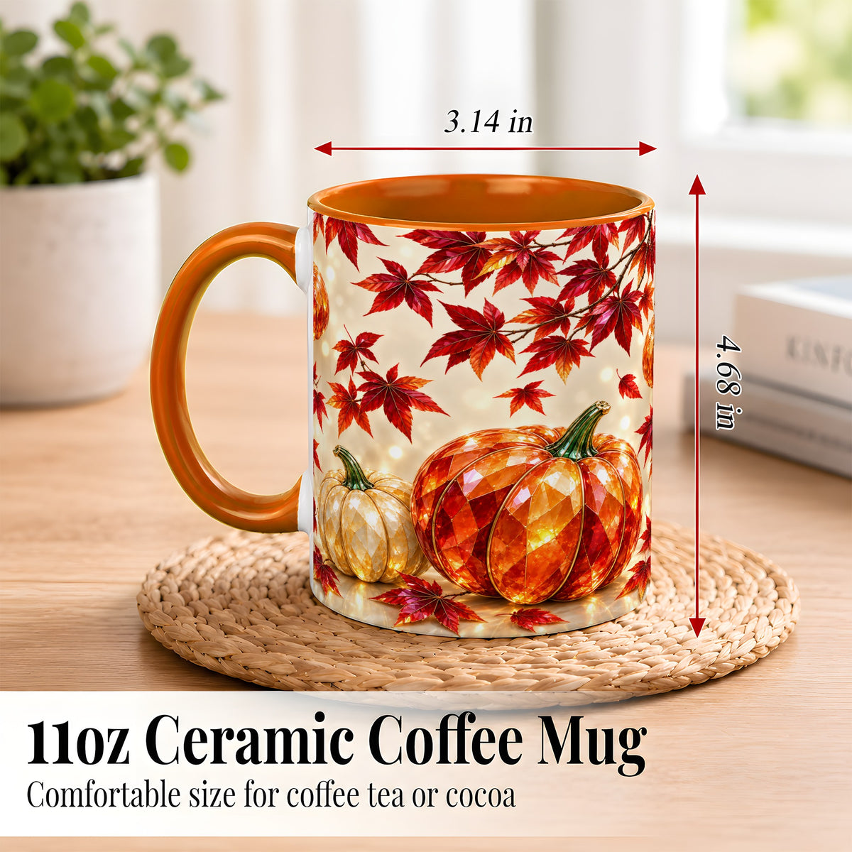 #pl[11oz|Orange] Jeweled Autumn Pumpkin Coffee Mug, Maple Leaf Mug, Ceramic Cup