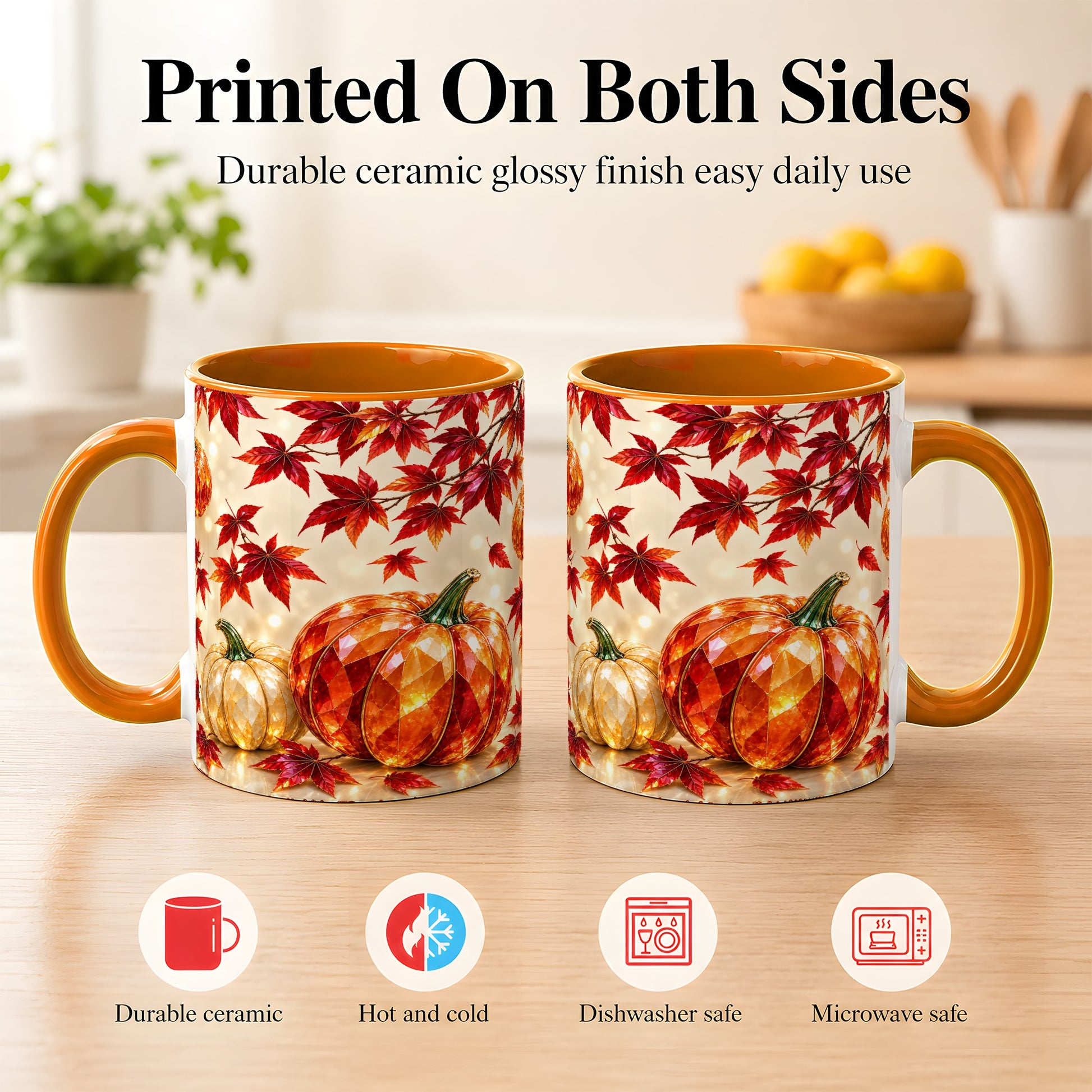 #pl[11oz|Orange] Jeweled Autumn Pumpkin Coffee Mug, Maple Leaf Mug, Ceramic Cup