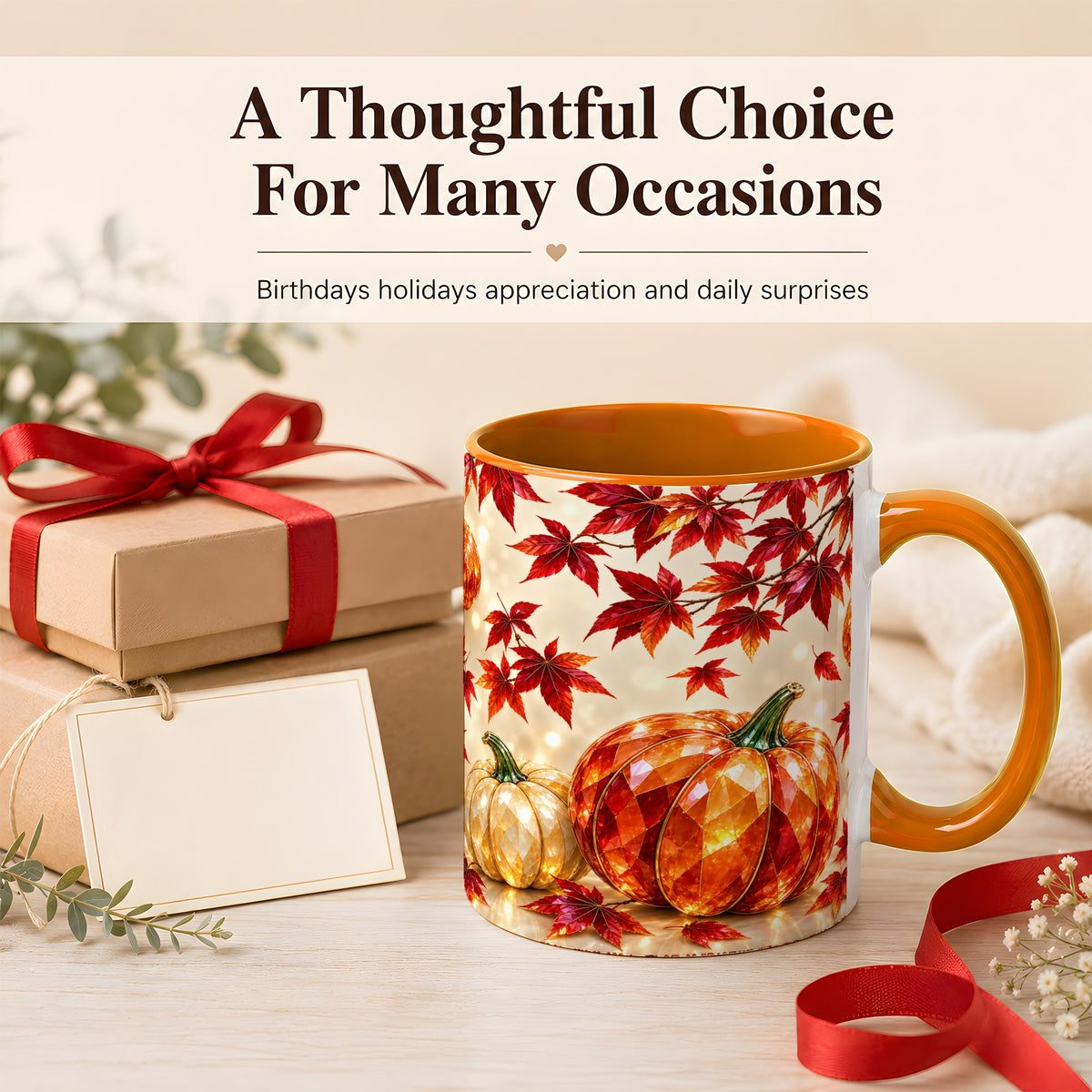 #pl[11oz|Orange] Jeweled Autumn Pumpkin Coffee Mug, Maple Leaf Mug, Ceramic Cup