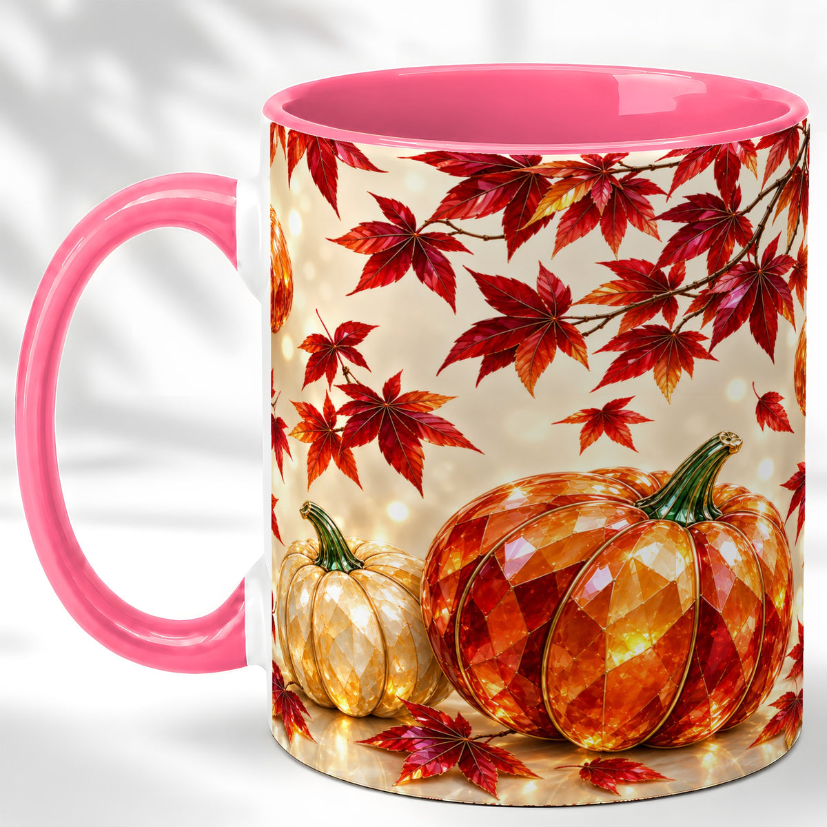 #pl[11oz|Pink] Jeweled Autumn Pumpkin Coffee Mug, Maple Leaf Mug, Ceramic Cup