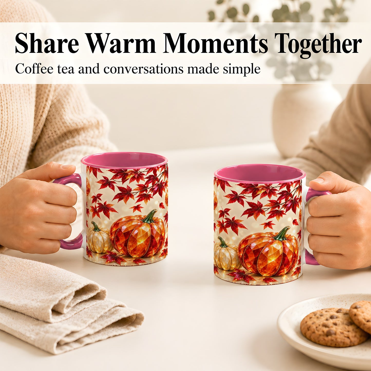 #pl[11oz|Pink] Jeweled Autumn Pumpkin Coffee Mug, Maple Leaf Mug, Ceramic Cup