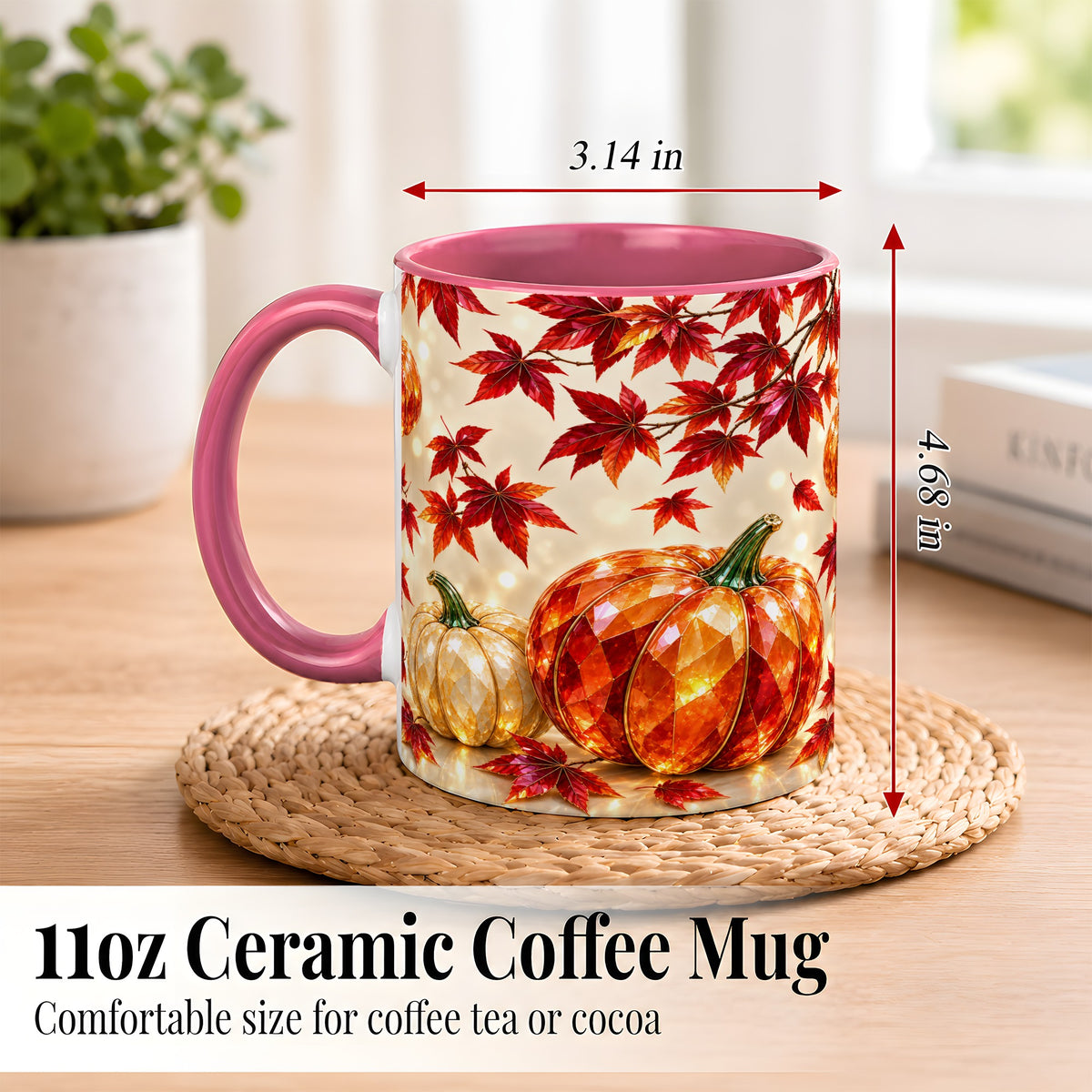 #pl[11oz|Pink] Jeweled Autumn Pumpkin Coffee Mug, Maple Leaf Mug, Ceramic Cup