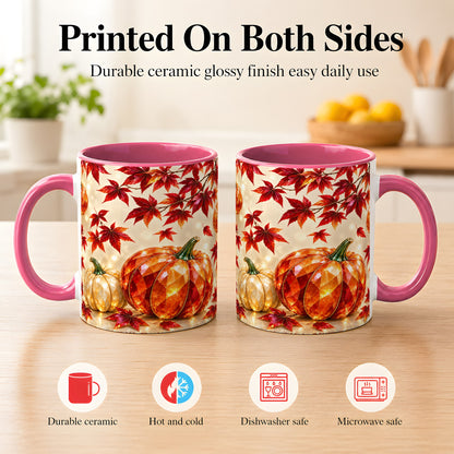 #pl[11oz|Pink] Jeweled Autumn Pumpkin Coffee Mug, Maple Leaf Mug, Ceramic Cup
