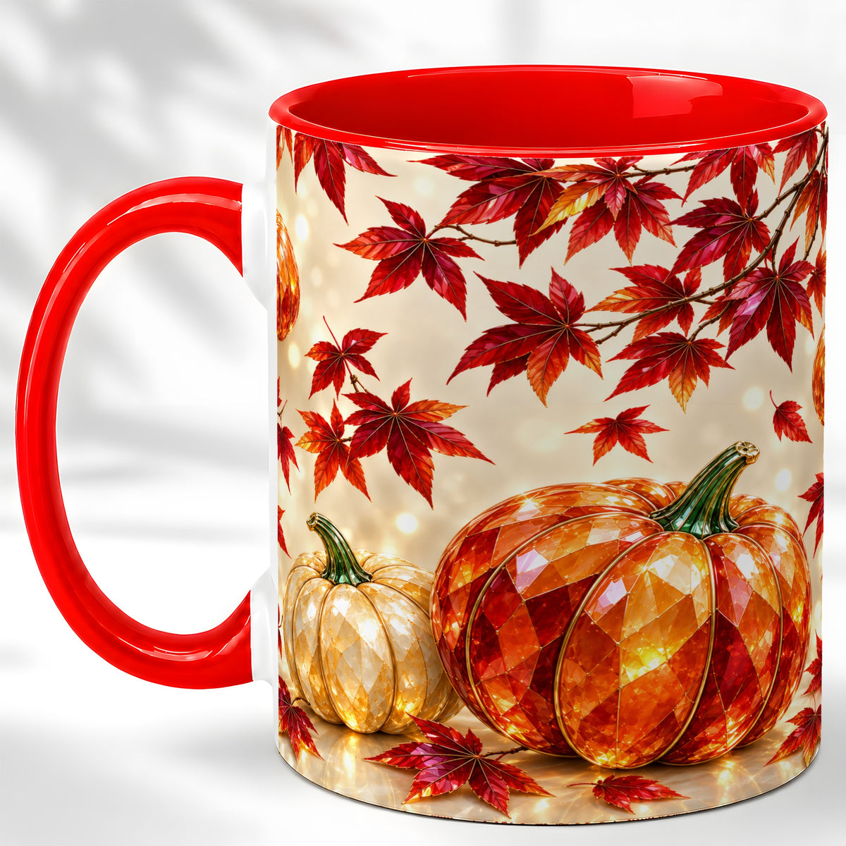 Jeweled Autumn Pumpkin Coffee Mug, Maple Leaf Mug, Ceramic Cup