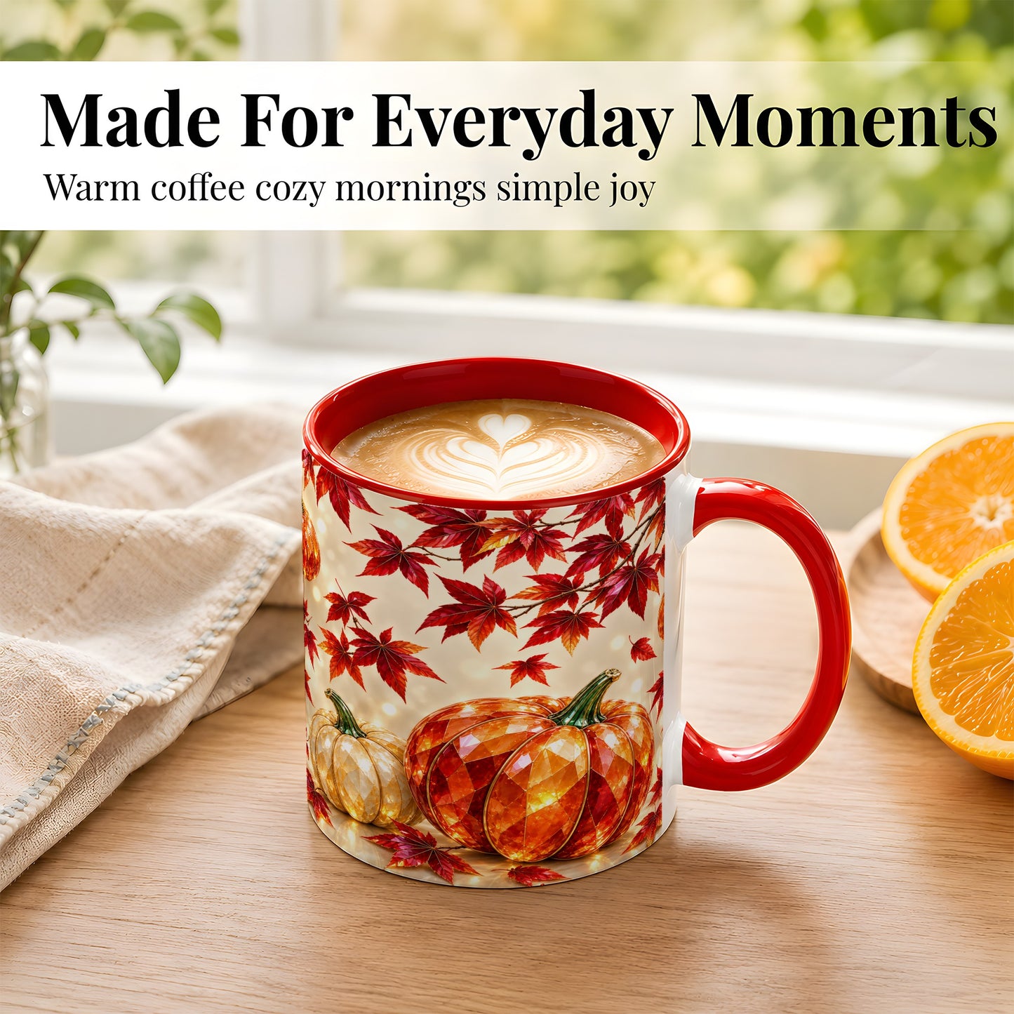 #pl[11oz|Red] Jeweled Autumn Pumpkin Coffee Mug, Maple Leaf Mug, Ceramic Cup
