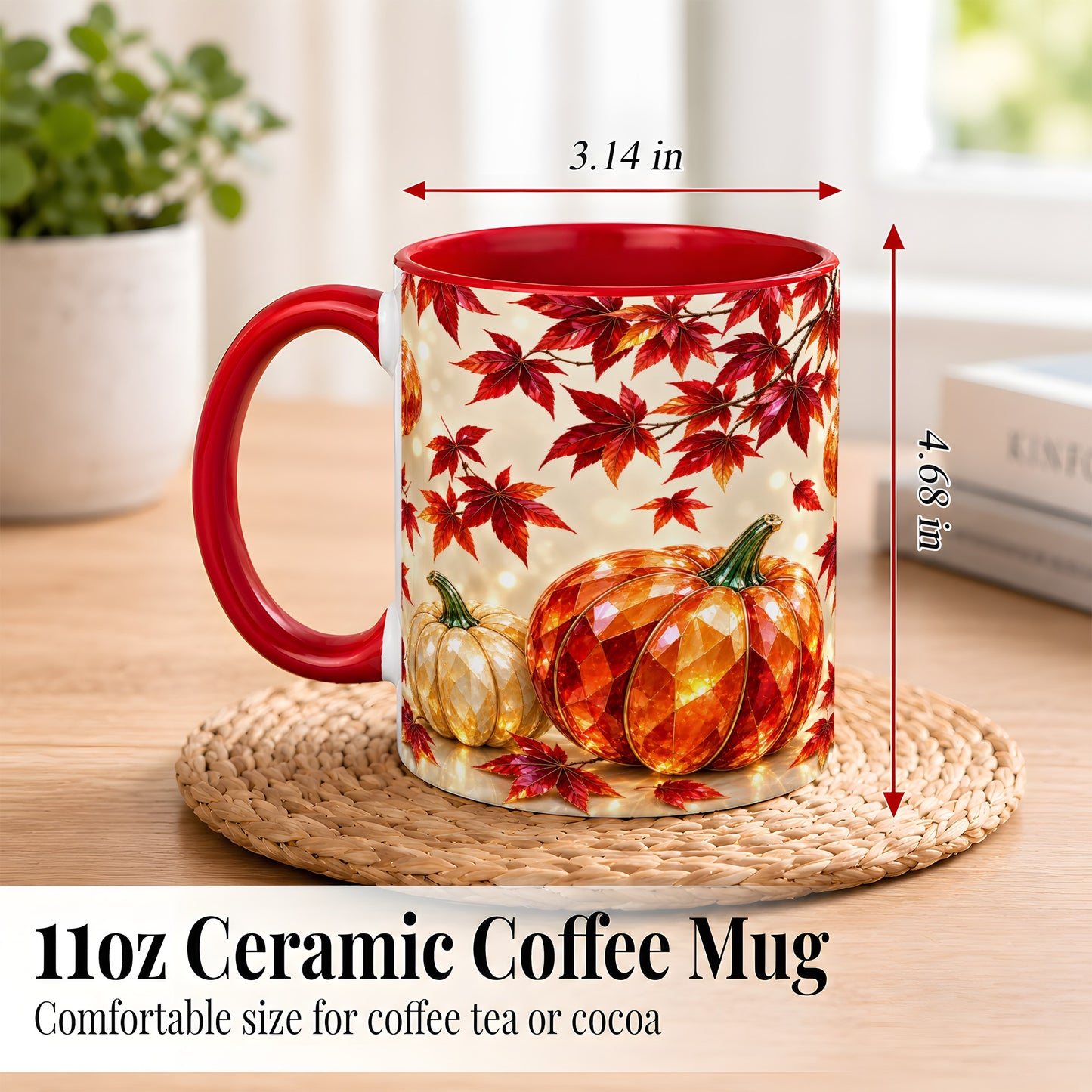 #pl[11oz|Red] Jeweled Autumn Pumpkin Coffee Mug, Maple Leaf Mug, Ceramic Cup