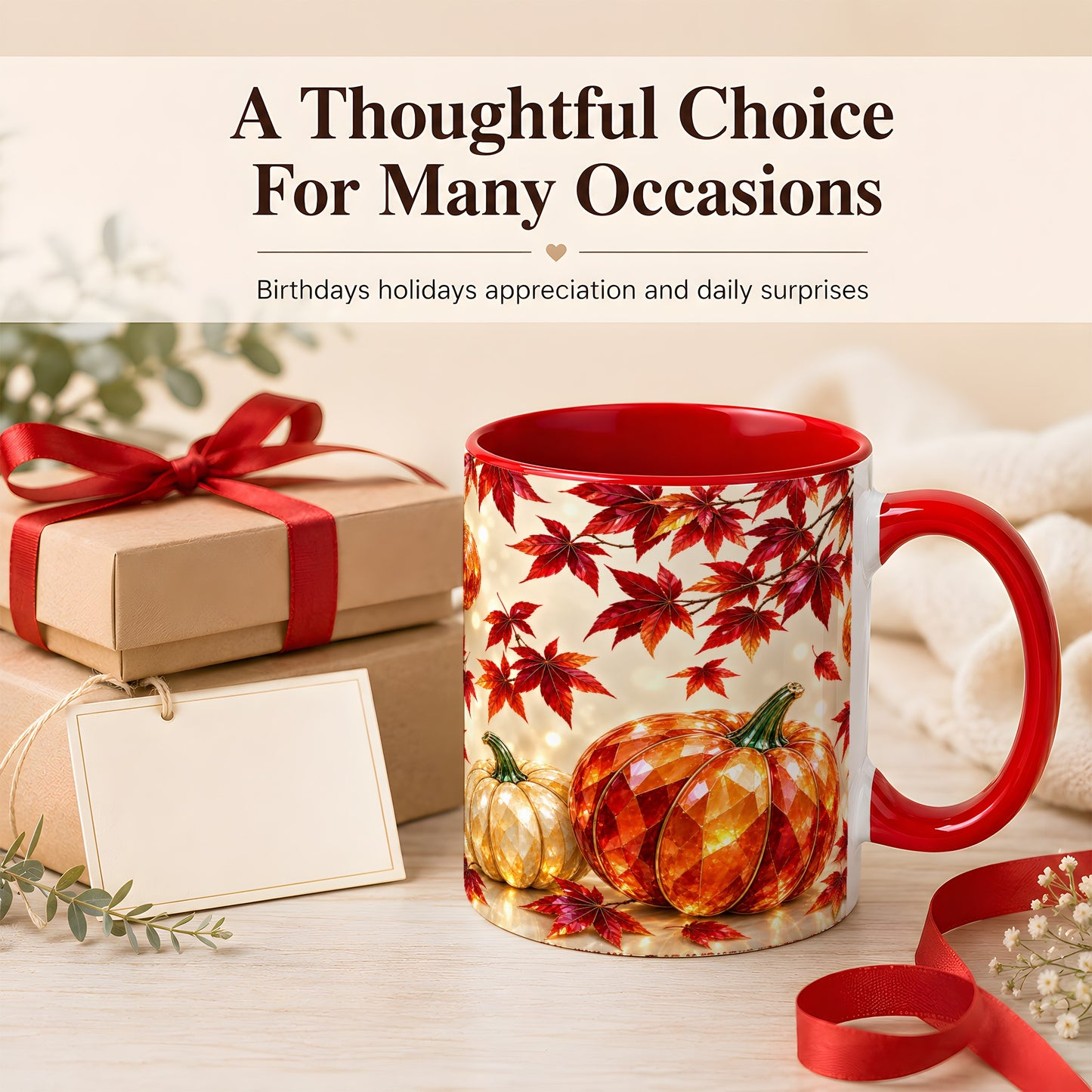 #pl[11oz|Red] Jeweled Autumn Pumpkin Coffee Mug, Maple Leaf Mug, Ceramic Cup
