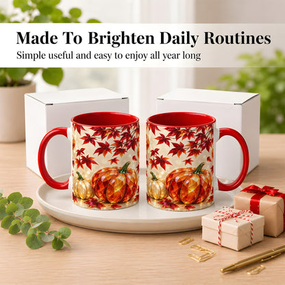 #pl[11oz|Red] Jeweled Autumn Pumpkin Coffee Mug, Maple Leaf Mug, Ceramic Cup
