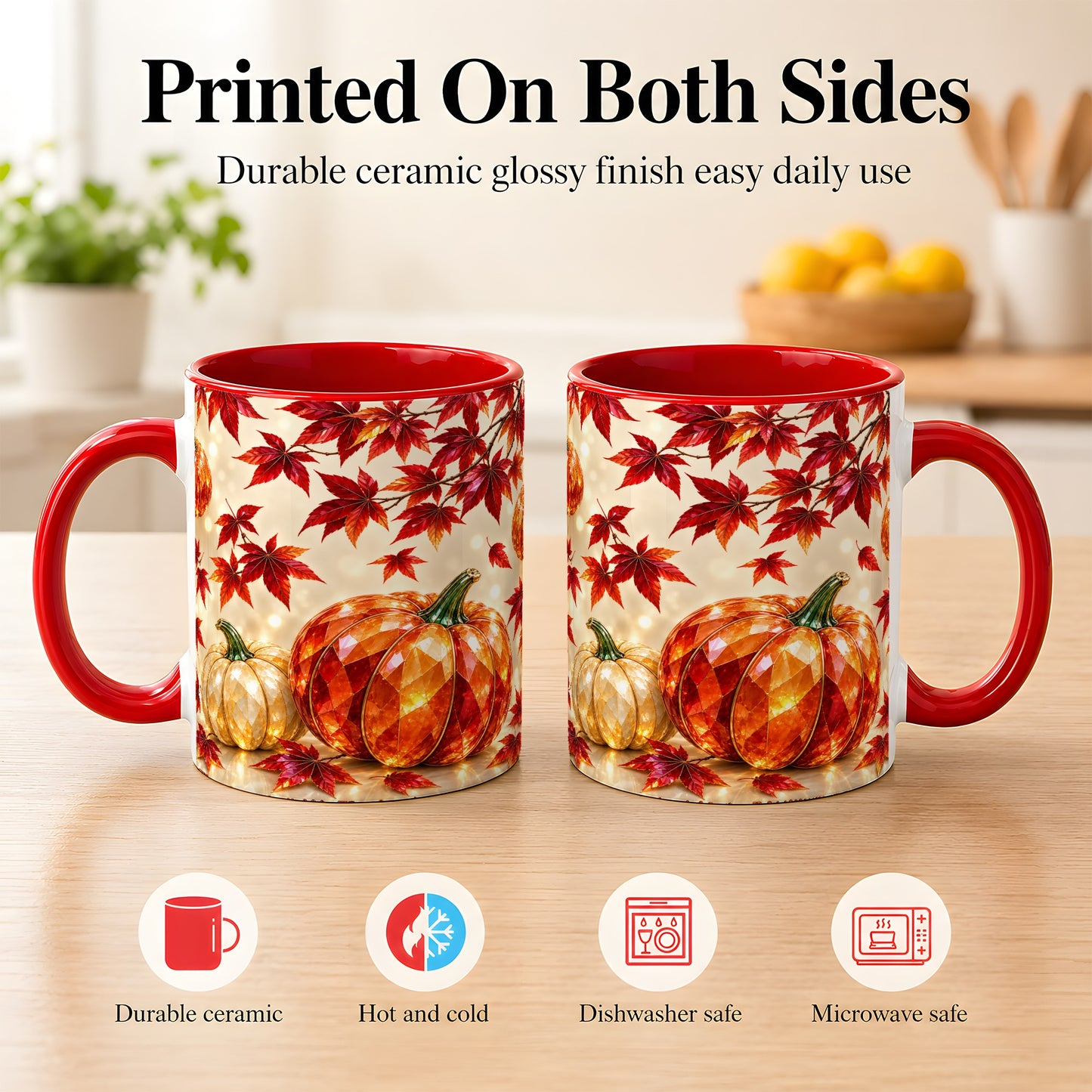 #pl[11oz|Red] Jeweled Autumn Pumpkin Coffee Mug, Maple Leaf Mug, Ceramic Cup