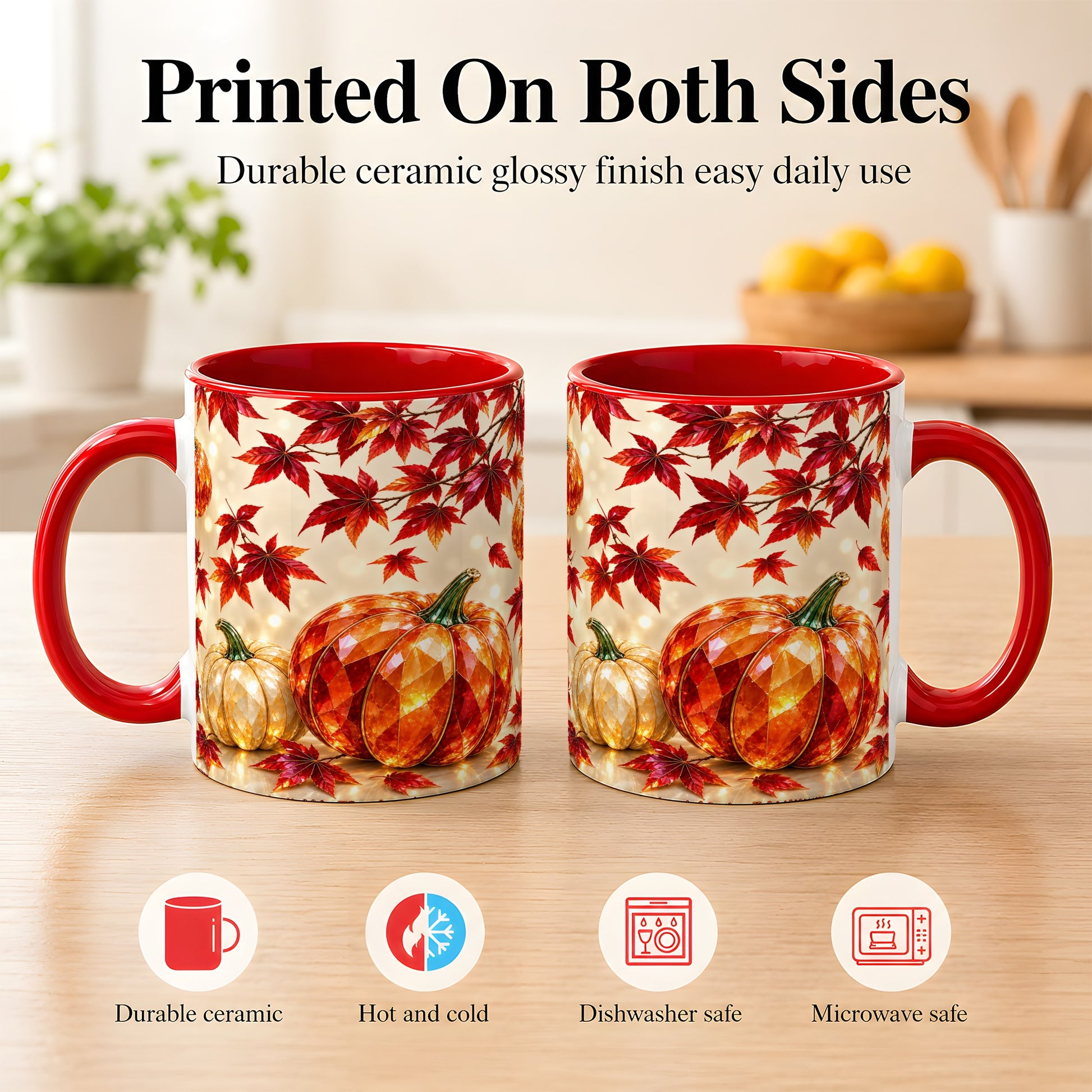 #pl[11oz|Red] Jeweled Autumn Pumpkin Coffee Mug, Maple Leaf Mug, Ceramic Cup
