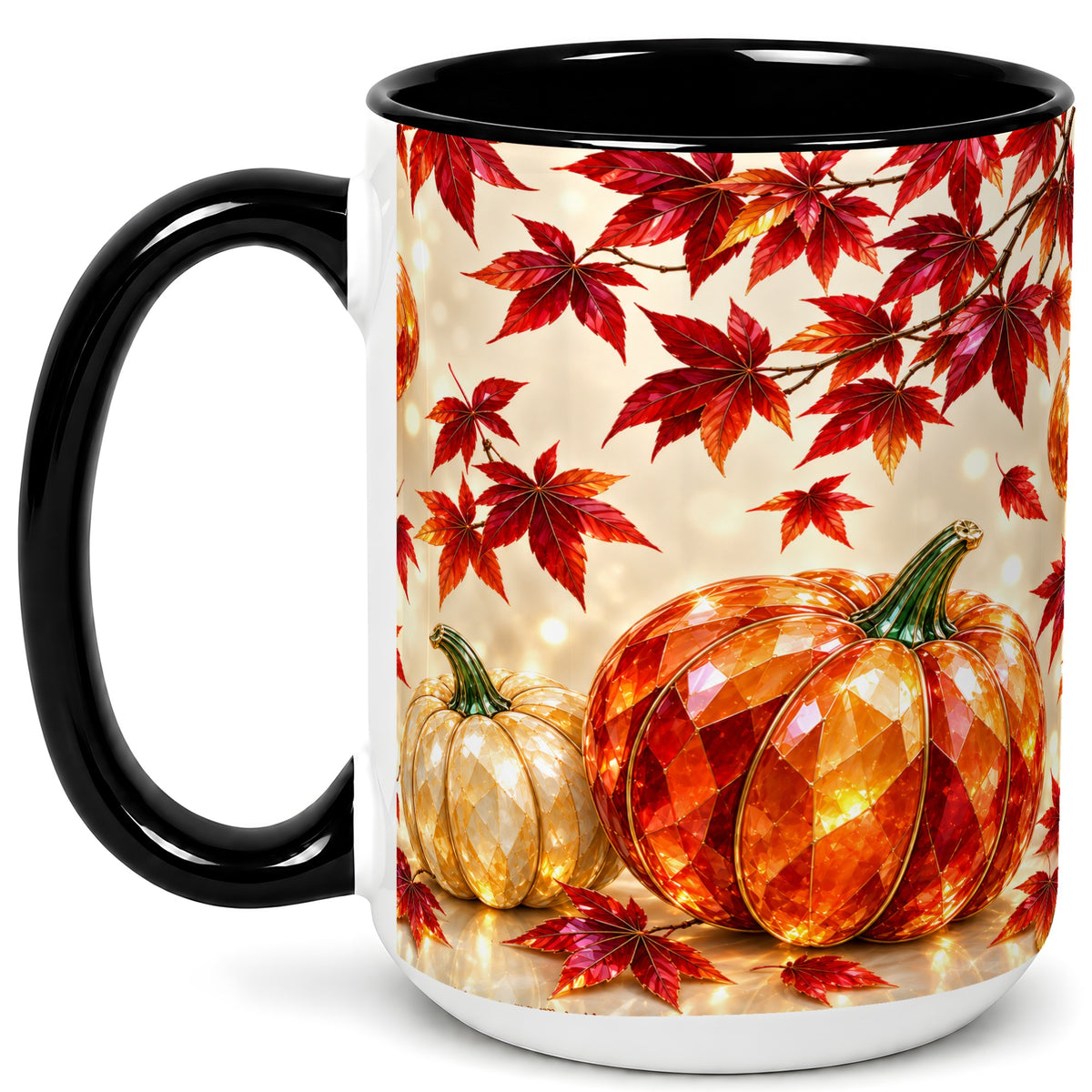 #pl[15oz|Black] Jeweled Autumn Pumpkin Coffee Mug, Maple Leaf Mug, Ceramic Cup