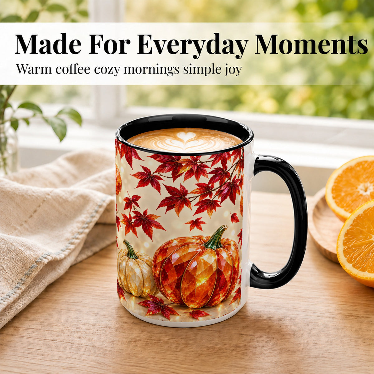 #pl[15oz|Black] Jeweled Autumn Pumpkin Coffee Mug, Maple Leaf Mug, Ceramic Cup