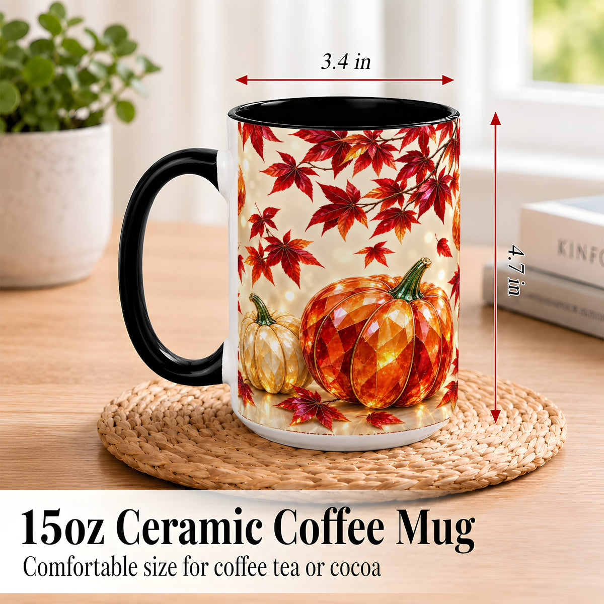 #pl[15oz|Black] Jeweled Autumn Pumpkin Coffee Mug, Maple Leaf Mug, Ceramic Cup