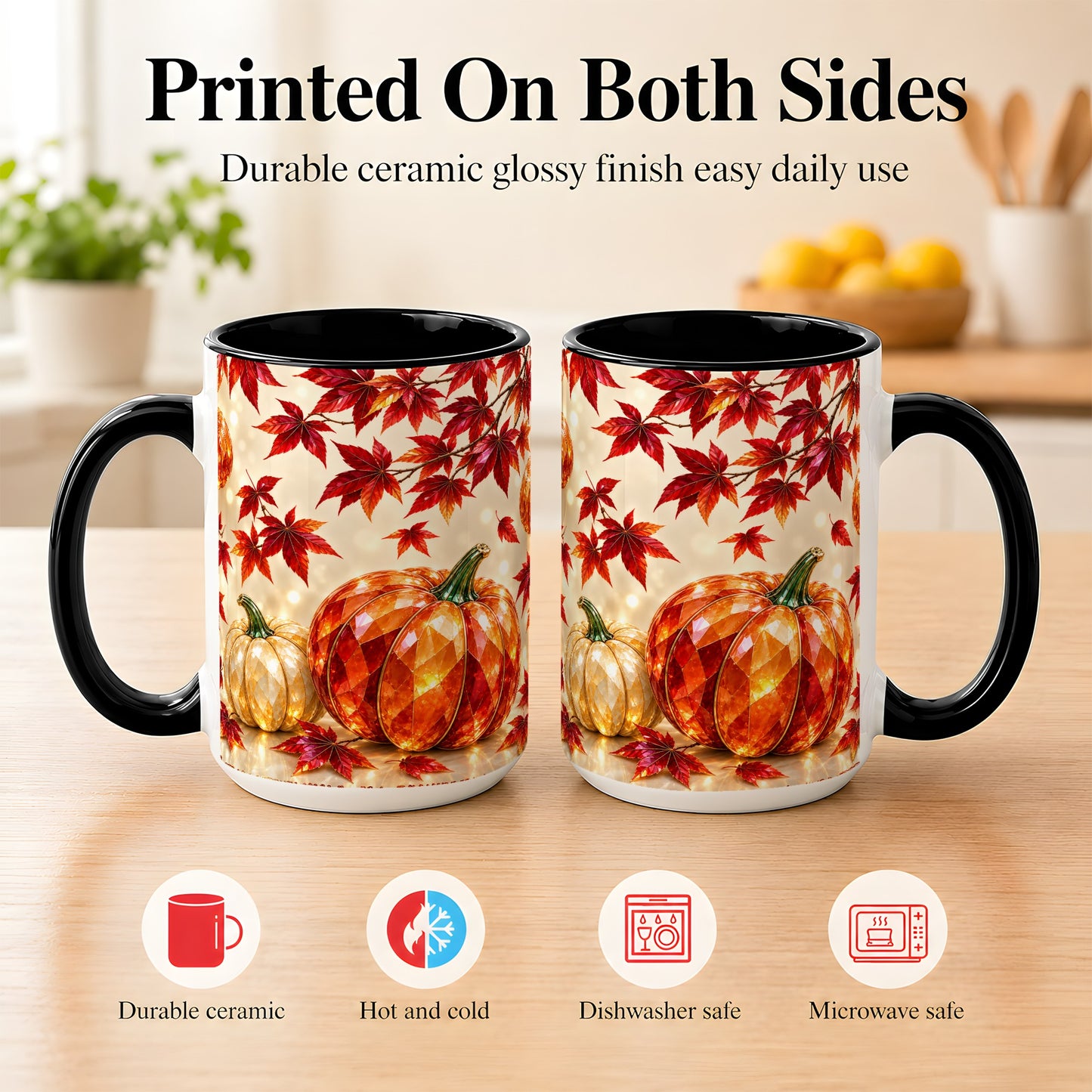 #pl[15oz|Black] Jeweled Autumn Pumpkin Coffee Mug, Maple Leaf Mug, Ceramic Cup