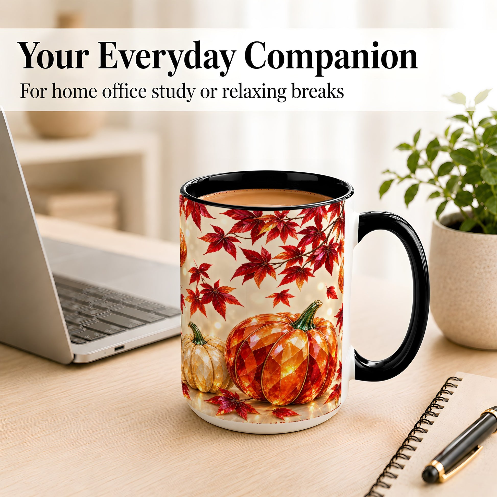 #pl[15oz|Black] Jeweled Autumn Pumpkin Coffee Mug, Maple Leaf Mug, Ceramic Cup