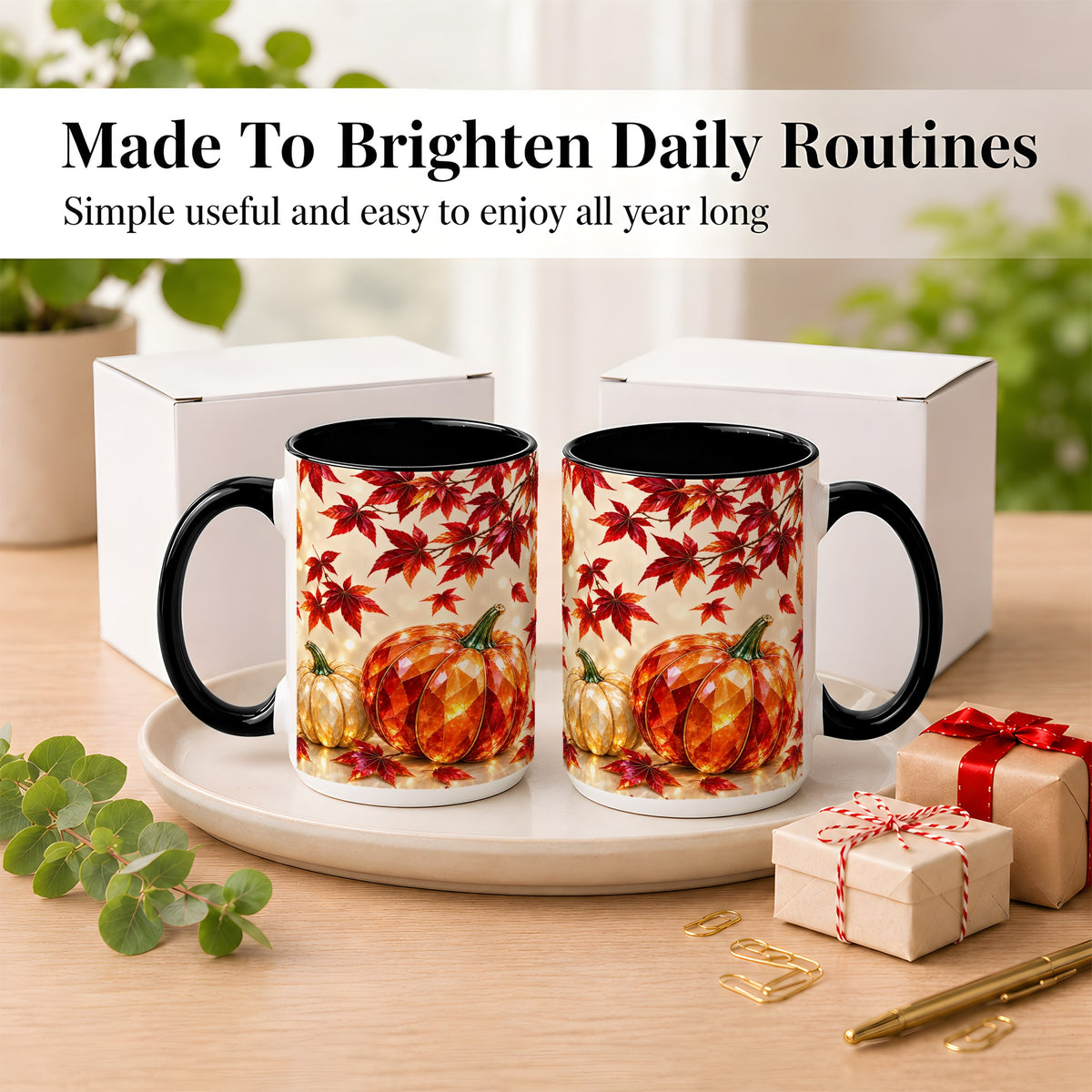 #pl[15oz|Black] Jeweled Autumn Pumpkin Coffee Mug, Maple Leaf Mug, Ceramic Cup