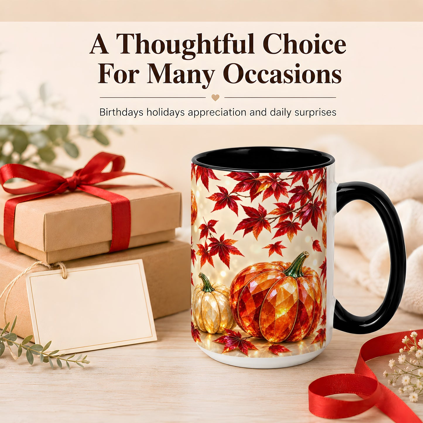 #pl[15oz|Black] Jeweled Autumn Pumpkin Coffee Mug, Maple Leaf Mug, Ceramic Cup