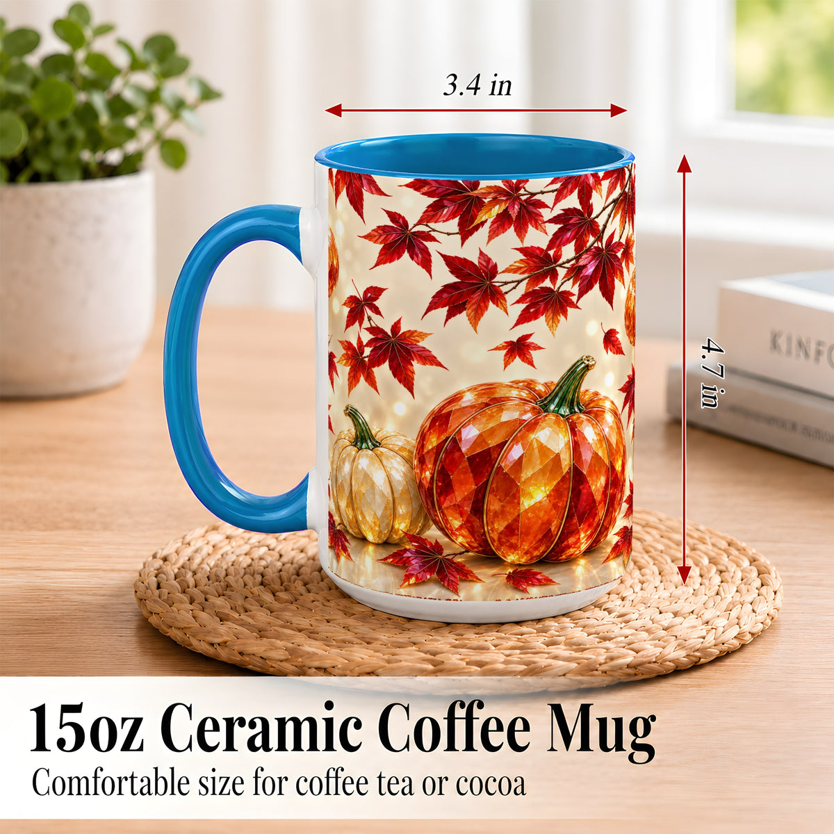 #pl[15oz|Blue] Jeweled Autumn Pumpkin Coffee Mug, Maple Leaf Mug, Ceramic Cup