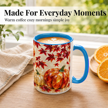 #pl[15oz|Blue] Jeweled Autumn Pumpkin Coffee Mug, Maple Leaf Mug, Ceramic Cup