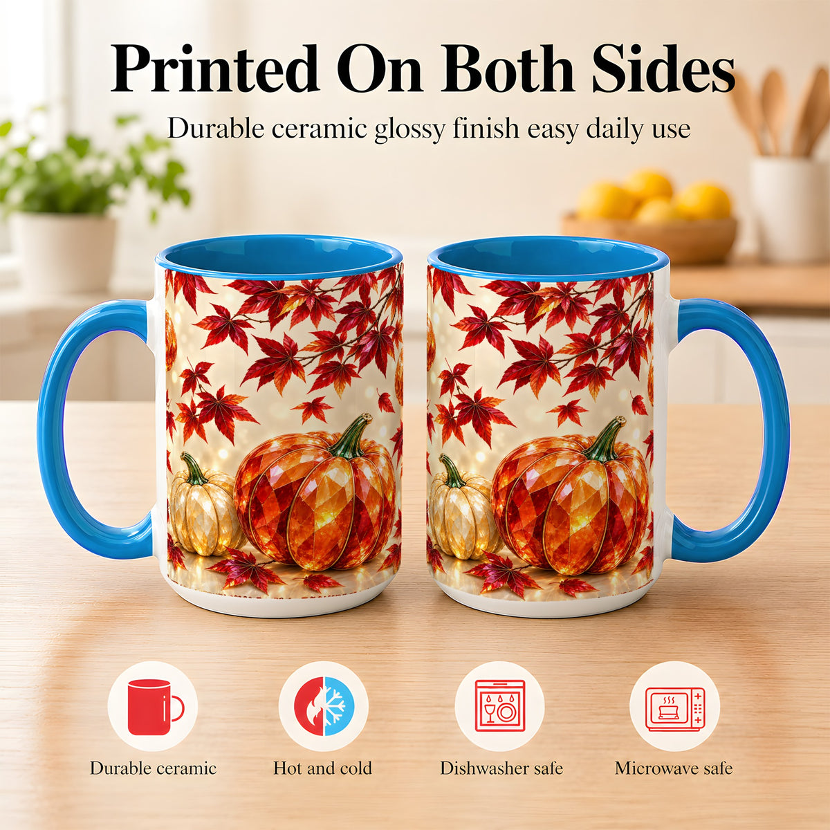 #pl[15oz|Blue] Jeweled Autumn Pumpkin Coffee Mug, Maple Leaf Mug, Ceramic Cup
