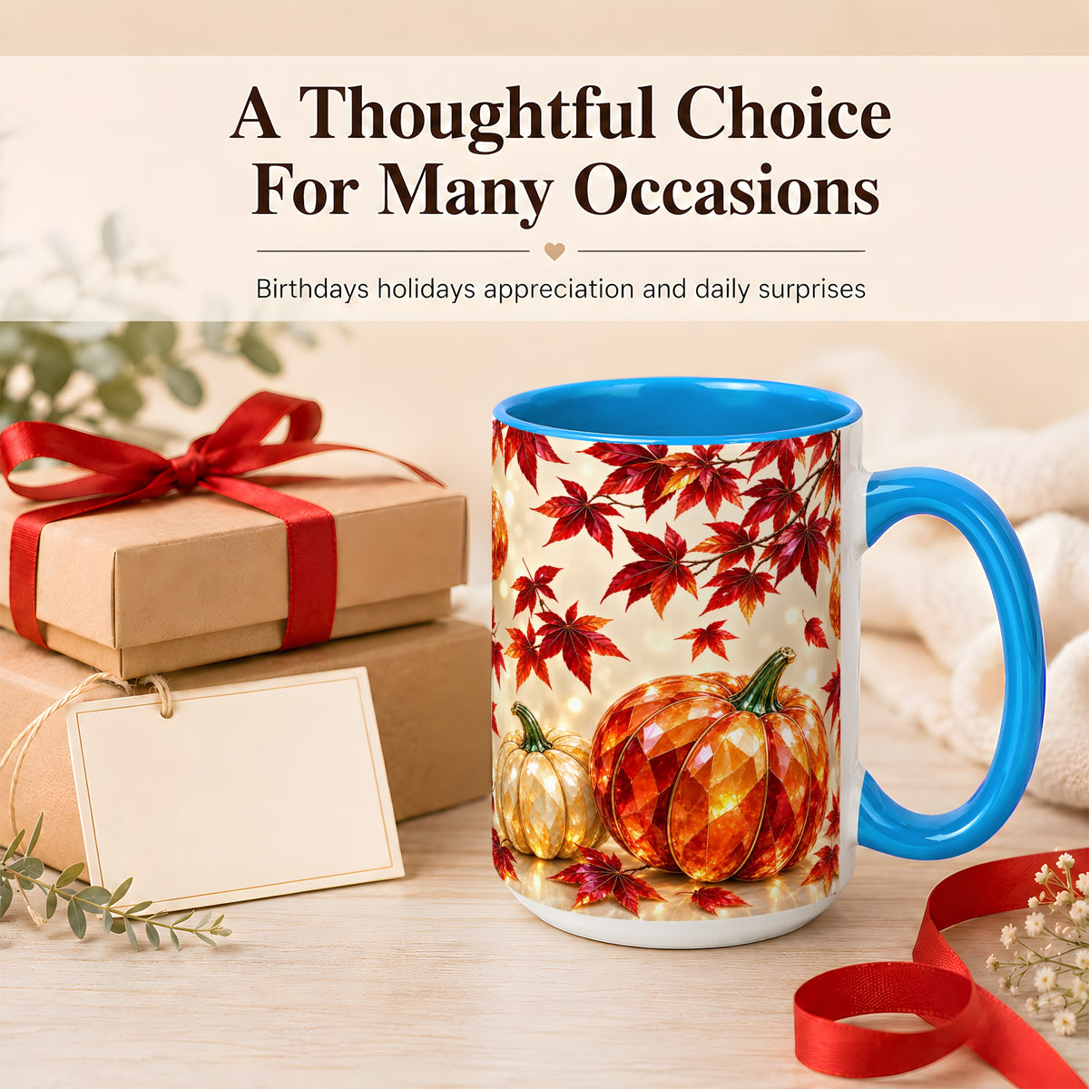 #pl[15oz|Blue] Jeweled Autumn Pumpkin Coffee Mug, Maple Leaf Mug, Ceramic Cup
