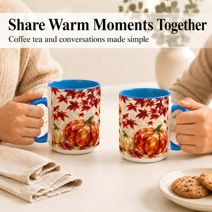 #pl[15oz|Blue] Jeweled Autumn Pumpkin Coffee Mug, Maple Leaf Mug, Ceramic Cup