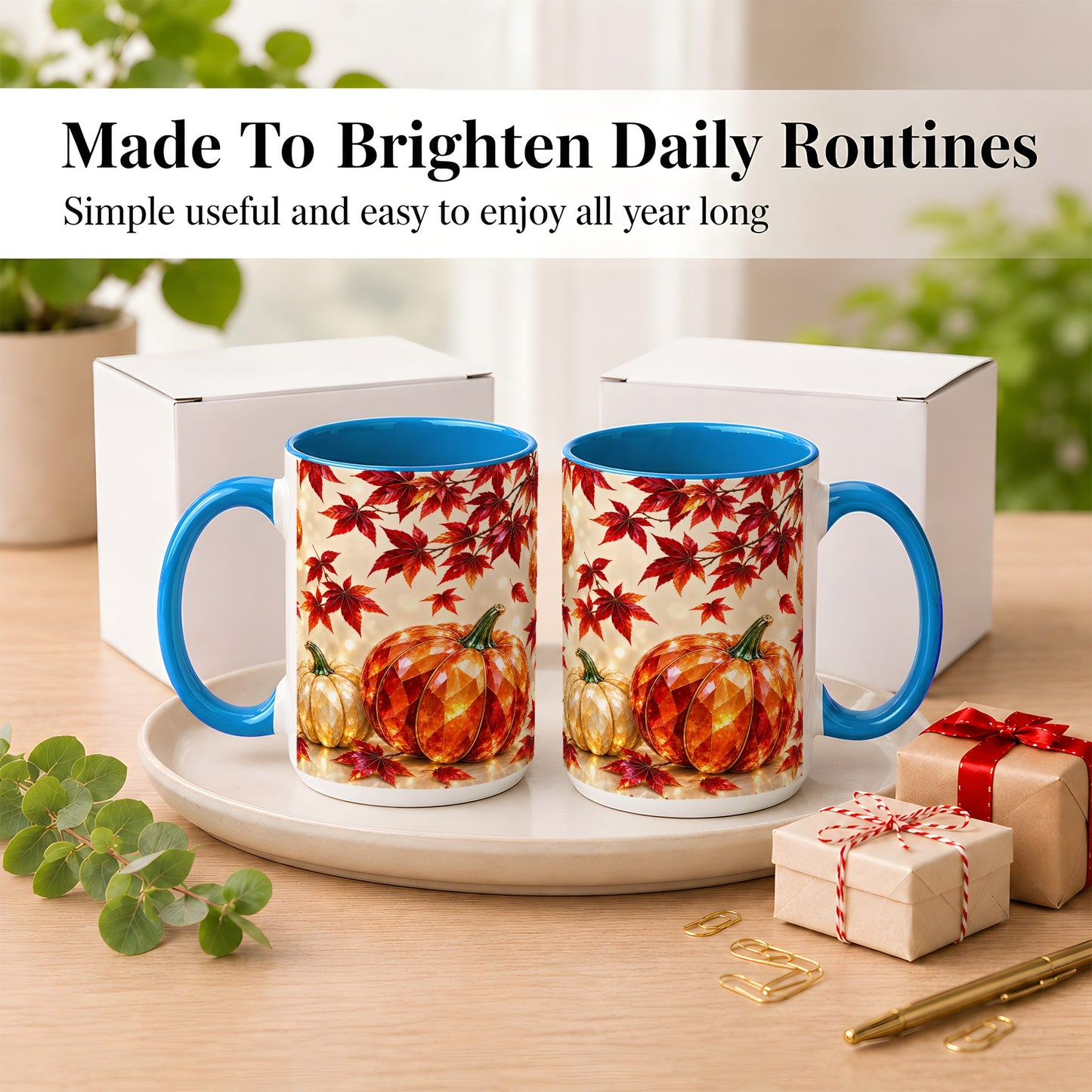 #pl[15oz|Blue] Jeweled Autumn Pumpkin Coffee Mug, Maple Leaf Mug, Ceramic Cup