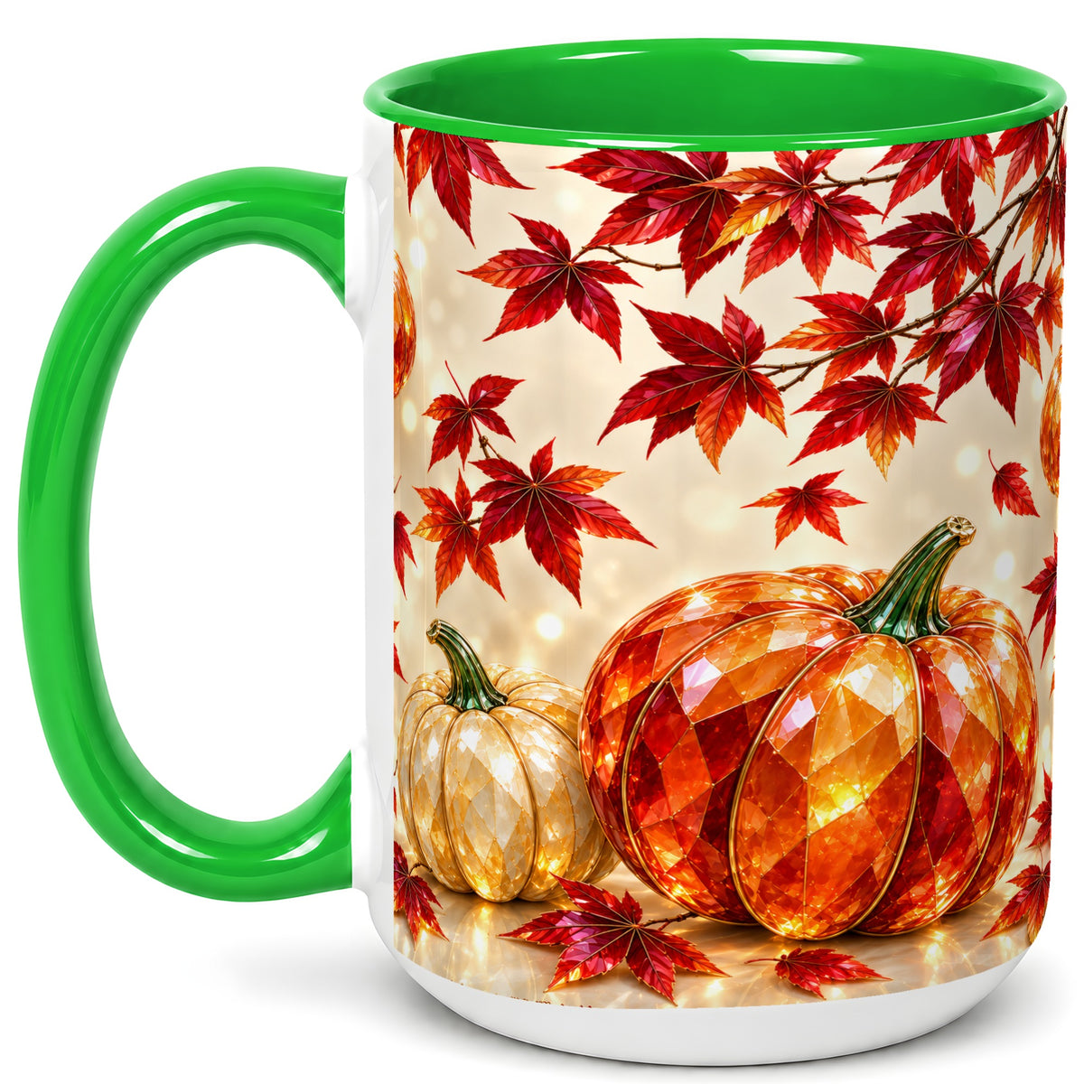#pl[15oz|Green] Jeweled Autumn Pumpkin Coffee Mug, Maple Leaf Mug, Ceramic Cup